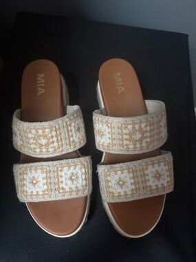 MIA White and Tan Crochet Double-Strap Slide Sandals